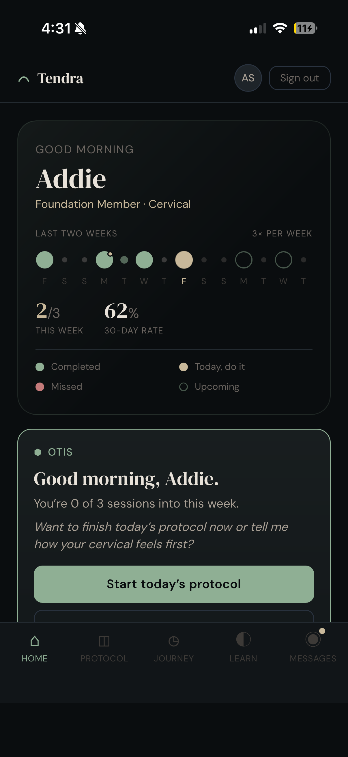 Tendra home screen with adherence strip and Otis daily check-in