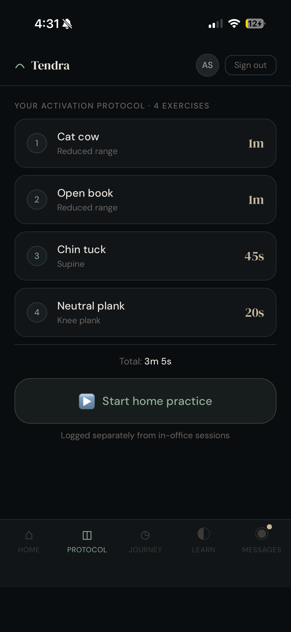 Protocol tab listing the four prescribed exercises