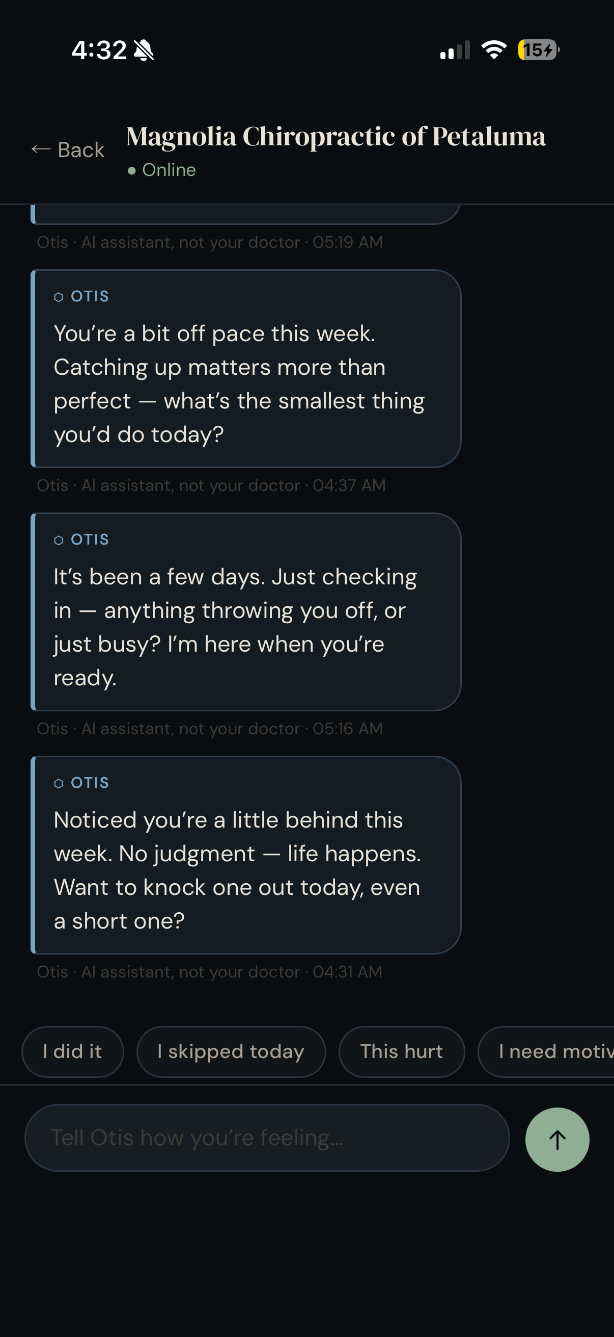 Otis proactively messaging a patient who has fallen behind